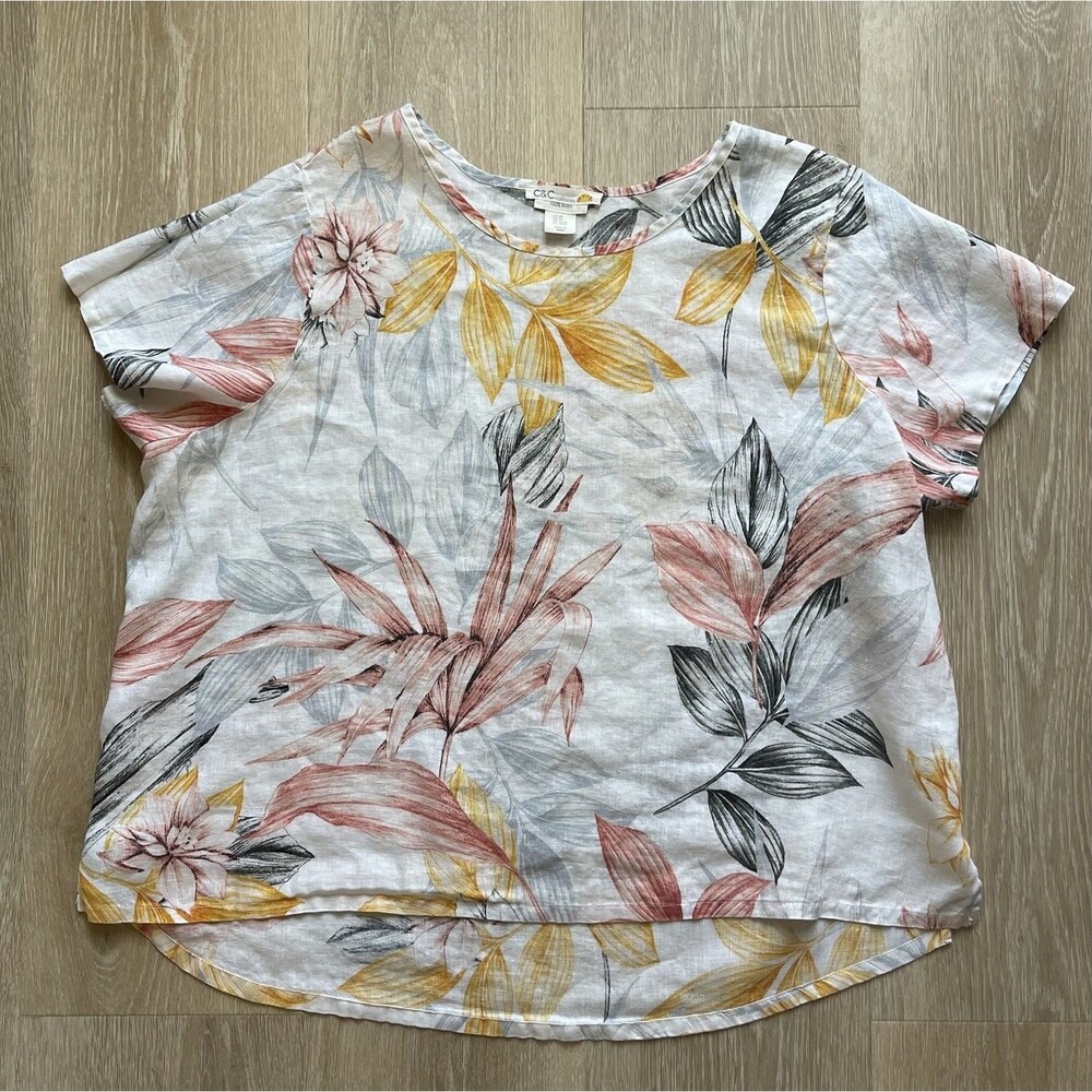 C&C CALIFORNIA 2X 100% Linen Floral Blouse Tropical Lightweight Short Sleeve